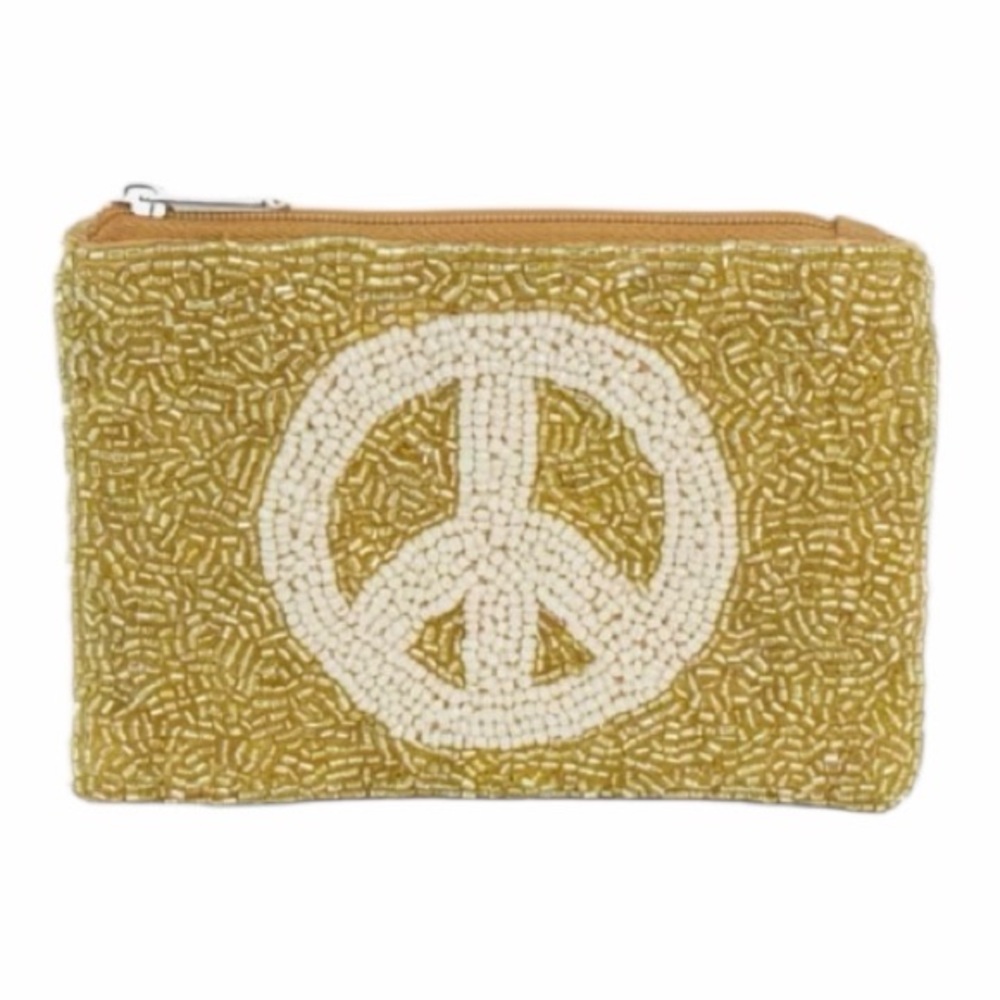 Viral Golden Beaded Peace Symbol Pouch/Coin Purse  NWT